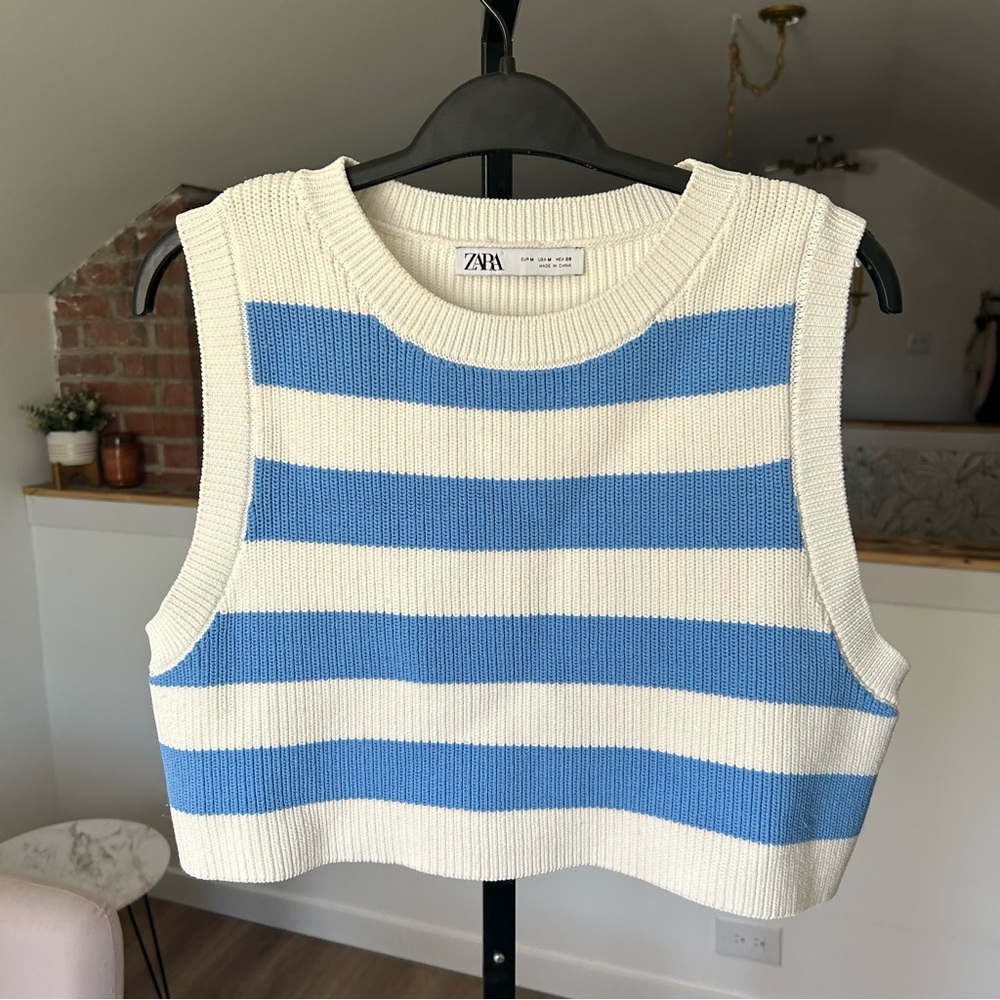 Zara Blue and White Striped Crop Vest Top